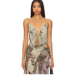 Jaded London Floral Plunge Top - Green and Brown